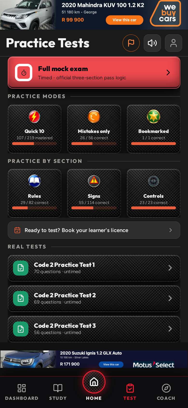 K53 Examiner tests screen with quick quiz, mock exam and past paper options