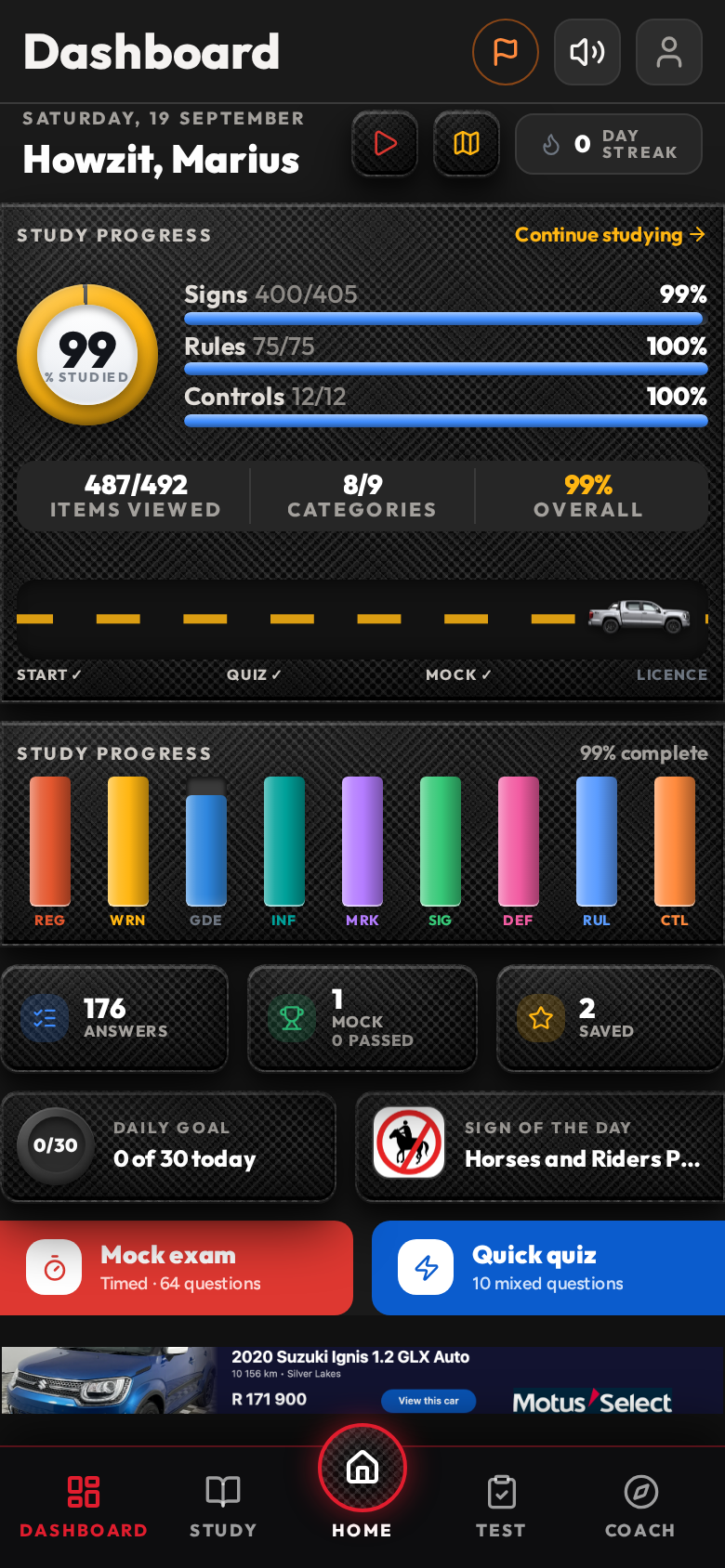 K53 Examiner dashboard showing study progress bars, items viewed, daily goal and quick actions