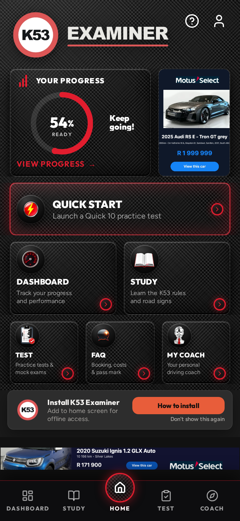 K53 Examiner home screen showing test readiness gauge, weekly activity and quick start tiles
