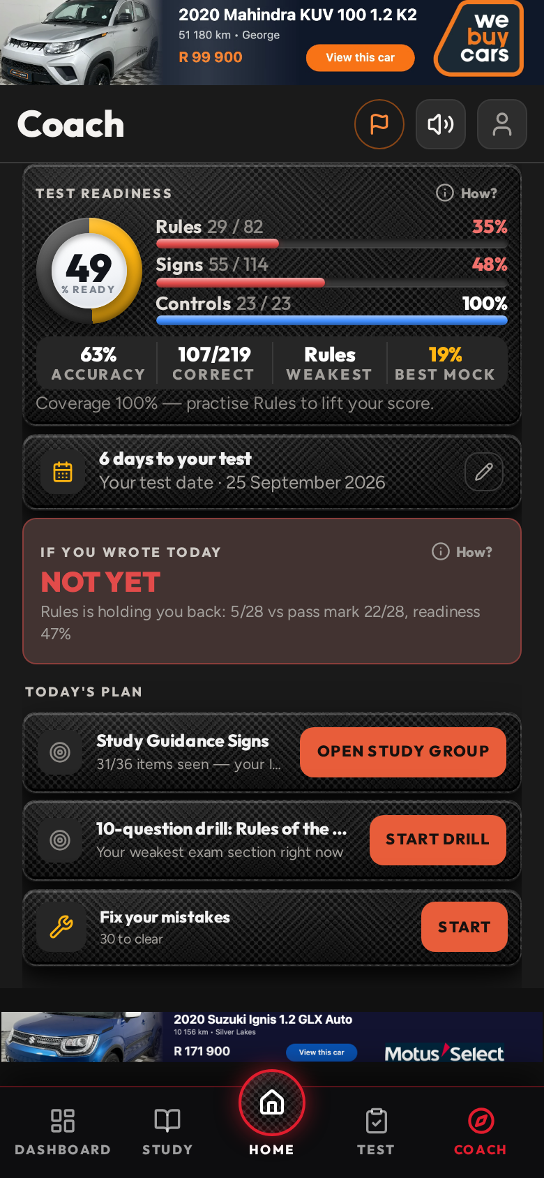 K53 Examiner coach screen showing days to test date, today's study plan and readiness score